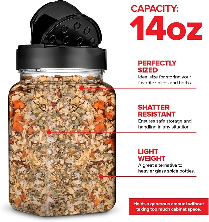 6 Pack 14 oz Plastic Spice Jars, Empty Seasoning Containers for Homemade Rub, Spices, Glitter, and More, Small Spice Containers with Black Shaker Lids and Heat-Induction Liner, Clear Spice Jars
