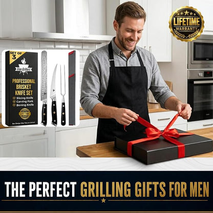 Brisket Knife Set for Meat Carving - 12" Slicing Knife + 6" Curved Boning Knife & Carving Fork for Effortless Meat Cutting, Full Tang & Ergonomic - Razor Sharp German Steel, BBQ Grilling Gifts for Men