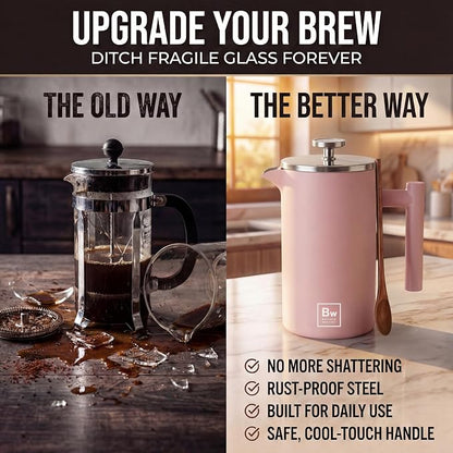 Barista Warrior French Press Coffee Maker - Double-Wall Stainless Steel Insulated French Press with Built-In Thermometer, Dual Filters Coffee Maker with Wooden Spoon - Pink