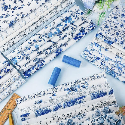 Tatuo 30 Pcs 10 x 10 Inches Blue and White Floral Cotton Fabric Quilting Bundle Squares Patchwork Floral Fabric Sewing Quilting Bundles Assorted Pattern Cloth for DIY Scrapbook Craft Making