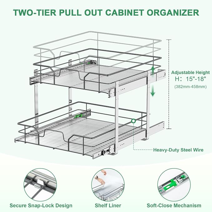 2-Tier Pull Out Cabinet Organizer (20" W x 22" D), Soft Close Cabinet Slide Out Shelves, Heavy Duty Slide Out Drawers with Shelf Liner for Kitchen Cabinets, Pantry Storage, Bathroom