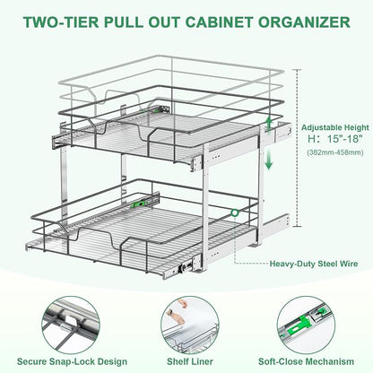 2-Tier Pull Out Cabinet Organizer (17" W x 22" D), Soft Close Cabinet Slide Out Shelves, Heavy Duty Slide Out Drawers with Shelf Liner for Kitchen Cabinets, Pantry Storage, Bathroom