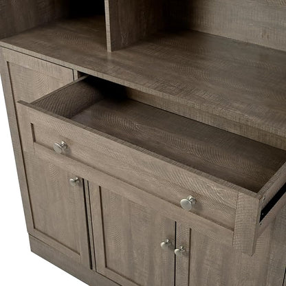 VilroCaz Farmhouse Style Large Kitchen Pantry with Hutch, Freestanding Wood Storage Cabinet Cupboard with Pull-Out Side Cabinet, Door Shelves and Drawer (Brown-6.10)
