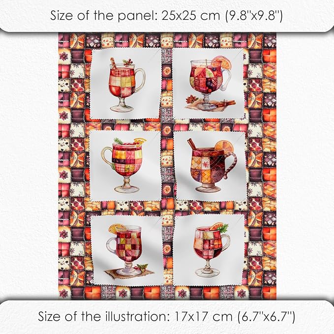 Patchwork Mulled Wine Cotton Fabric Panel – 6 Designs (10×10 inch Each) + Bonus Sheet 29.5×19.6 inch, 100% Cotton 140 GSM, Made in Türkiye