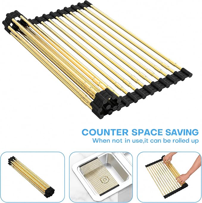 Expandable Roll Up Dish Drying Rack, Adjustable Large Over The Sink Rack Draining Rack (Max Extends to 21.25”) for Stainless Steel Sinks, Collapsible Silicone Rolling Up Rack 18 Tube for Kitchen, Gold