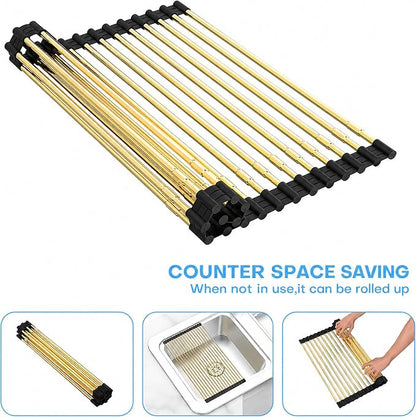 Expandable Roll Up Dish Drying Rack, Adjustable Large Over The Sink Rack Draining Rack (Max Extends to 21.25”) for Stainless Steel Sinks, Collapsible Silicone Rolling Up Rack 18 Tube for Kitchen, Gold