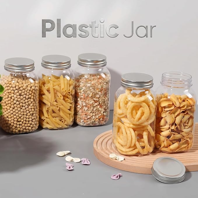novelinks 32 oz Clear Plastic Jars with Lids, 6 Pack Large Plastic Mason Jars with Lids 32oz, Reusable Quart Containers for Kitchen Organization (6 Pack,Silver)
