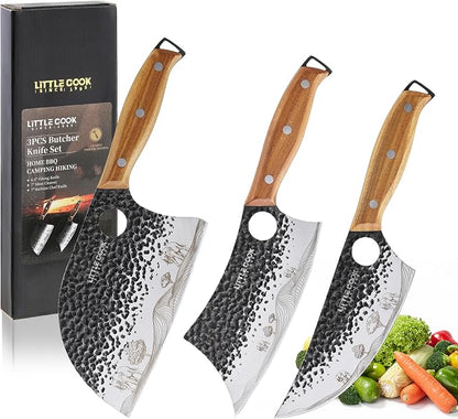 3PCS Butcher Knife, 7" Meat Cleaver, 7" Serbian Chef and 6.5" Viking, Hand Forged Butcher Knife Set with Wooden Handle, Geat for Home, Camping, BBQ (Unique Pattern)