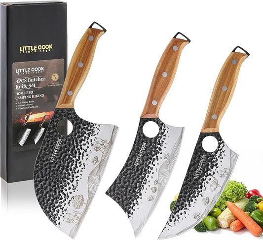 3PCS Butcher Knife, 7" Meat Cleaver, 7" Serbian Chef and 6.5" Viking, Hand Forged Butcher Knife Set with Wooden Handle, Geat for Home, Camping, BBQ (Unique Pattern)