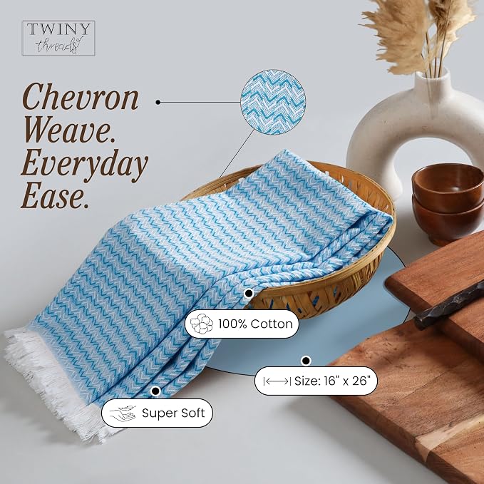 TWINY threads Kitchen Dish Towel Chevron Weave, Large Premium 100% Cotton Kitchen Linen Set, Absorbent Dish Rags for Drying Dishes, Quick Drying Washable Reusable, 12 Pack, 16x26 Inch, Turquiose Blue