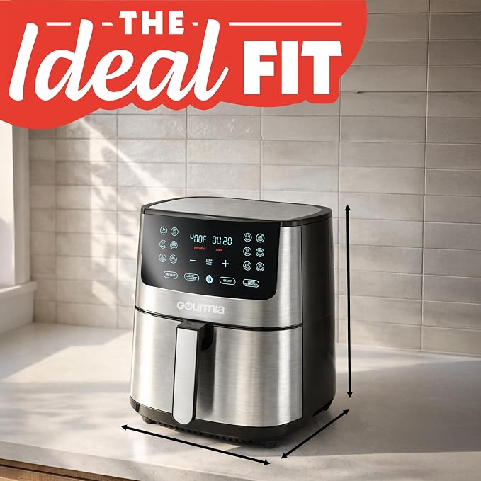 Gourmia Air Fryer Oven Digital Display 8 Quart Large AirFryer Cooker 12 Touch Cooking Presets, XL Air Fryer Basket 1700w Power Multifunction GAF838 Black and stainless steel air fryer