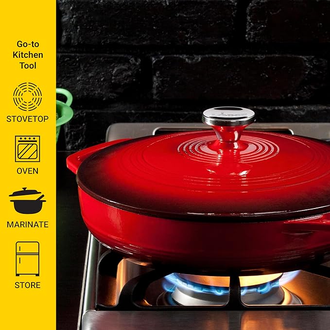 Lodge Essential Enamel Braiser 3.5 Quart - Refrigerator- & Oven-Safe up to 500° F - Heat-Retaining, Induction-Safe & PFAS-Free Enamel Cookware - Island Spice Red