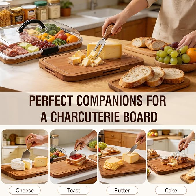 Renmxj Charcuterie Boards with Lid Gift Set, 2 in 1 Travel Portable Cheese Board with Knives Set, Carbonized Bamboo Charcuterie Tray, Housewarming Gifts New Home, Picnic, Wedding Gifts, Black Handle