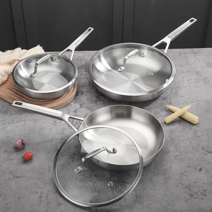Yeksum 3 Ply Stainless Steel Pan Set, 8" 10" 12", Fast & Even Heating, Up to 650F, Oven & Dishwasher Safe, Compatible with All Cooktops