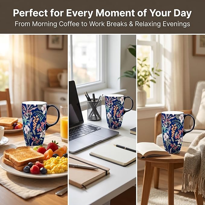 Topadorn 17oz Tropical Hibiscus Ceramic Travel Mug with Lid, Navy Floral Coffee Cup, Exotic Flower Mug, Microwave & Dishwasher Safe, Gift Box Included