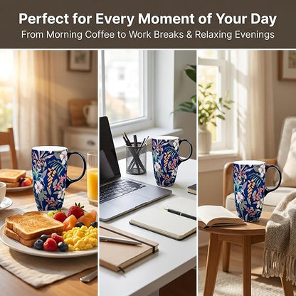 Topadorn 17oz Tropical Hibiscus Ceramic Travel Mug with Lid, Navy Floral Coffee Cup, Exotic Flower Mug, Microwave & Dishwasher Safe, Gift Box Included