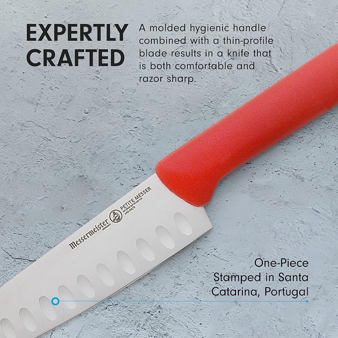Messermeister Petite Messer 5” Kullenschliff Santoku Knife, Red - German 1.4116 Stainless Steel & Ergonomic Handle - Lightweight, Rust Resistant & Easy to Maintain