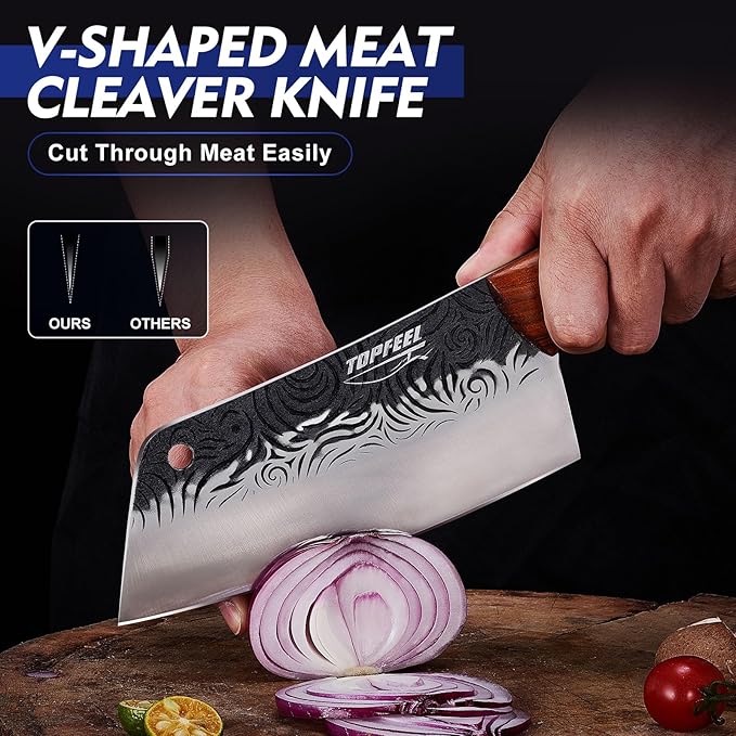 Topfeel Butcher Knife Set 5PCS, Hand Forged Kitchen Knives Set Serbian Chef Knife Set, Meat Cleaver Boning Carving Knives Set for Home、Camping、BBQ
