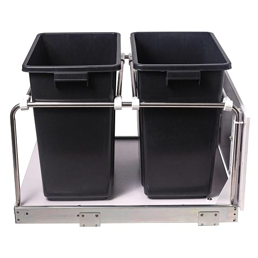 Pull Out Trash Can Rack Under Cabinet Adjustable 1-3 Bin Holder with Heavy-Duty Soft-Close Slides, Sturdy Wooden Base Support, Door Mounting for Kitchen, Living Room (Small)
