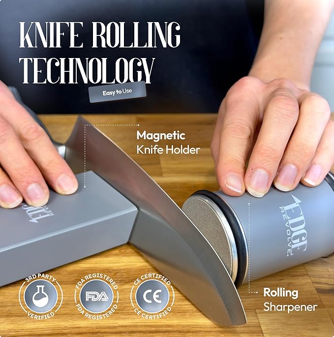 Rolling Knife Sharpener Kit, Magnetic 15° & 20° Angle Guides, Diamond & Ceramic Discs, Manual Rolling Knife Sharpener Tool for Razor-Sharp Kitchen gadgets, Chef & Outdoor Knives (Gray Blue)