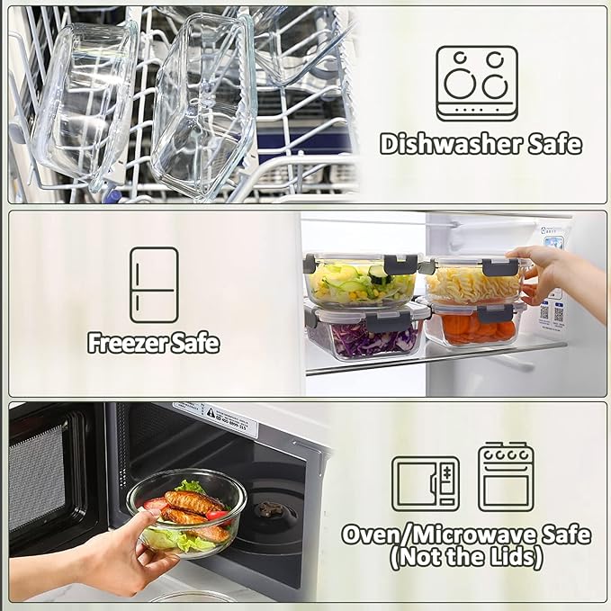 M MCIRCO 36 oz 3 Compartments Glass Meal Prep Containers set of 5 and 24Pcs Glass Food Storage Containers Set
