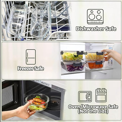 M MCIRCO 36 oz 3 Compartments Glass Meal Prep Containers set of 5 and 24Pcs Glass Food Storage Containers Set