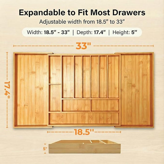 33" Expandable Bamboo Utensil Drawer Organizer | Solid Bamboo, Expands to 33" Wide, 11 Custom Compartments, Sorts Flatware & Utensils, Fits Kitchen or Office Drawers