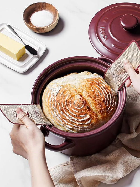 LE TAUCI 3 qt Ceramic Dutch Oven for Bread Baking with Silicone Sling- Lightweight, Non-Toxic, No Seasoning Needed- Oven, Microwave & Dishwasher Safe, Ideal for Home Bakers & Beginners, Wine Red