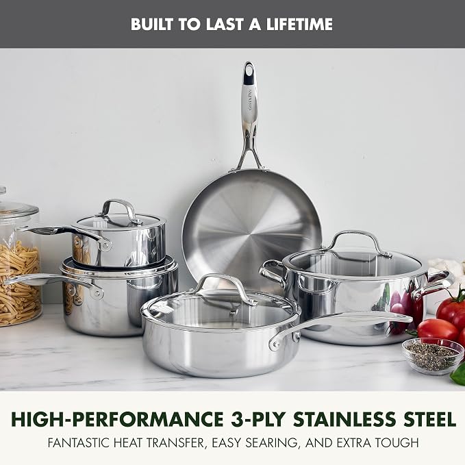 GreenPan Valencia Pro Tri-Ply Stainless Steel 9 Piece Cookware Set, Induction Ready Pots & Pans, Mirror Finish, Dishwasher & Oven/Broiler Safe to 600F, Compatible with All Cooktops