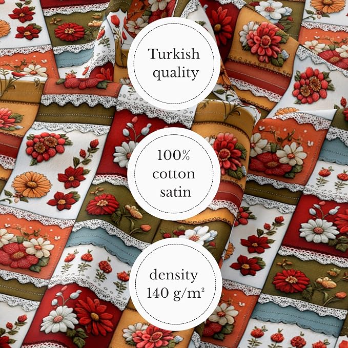 Patchwork Floral Cotton Fabric Panel 61 x 36.6 Inches, Vintage Quilt Style Printed Cotton Sewing Fabric, 140 GSM, Made in Turkey