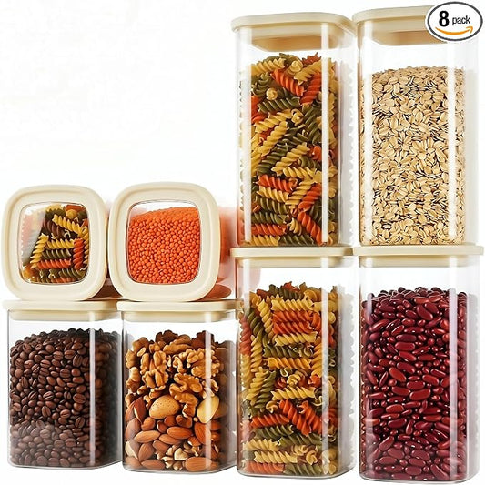 8pcs Square Glass Pantry Storage Containers Set with Glass Lids 1.22Qt/1.67Qt - Airtight Stackable Kitchen Canisters Sets for Pasta, Cereal, Flour | 40floz / 53floz Glass Pantry Storage Jars