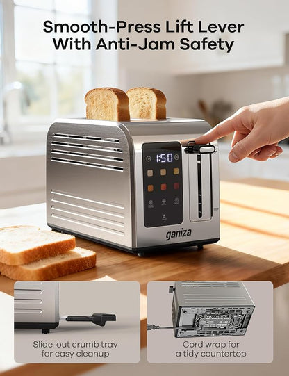 Ganiza Smart Toaster 2 Slice with Touchscreen, Digital Countdown Timer, Touch Screen Toaster Wide Slot, Full Stainless Steel, Defrost Reheat Cancel, +/-10s Fine-Tune, Removable Crumb Tray, Max 925W