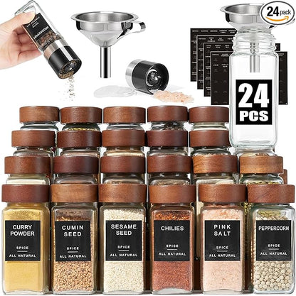 Yangbaga Glass Spice Containers for Kitchen: 24p 4oz Durable Glass Dishwasher Safe Jars for Cooking Enthusiasts- Airtight Acacia lid 500X Open-Close no Loose - Gift/Daily Use for Housewives