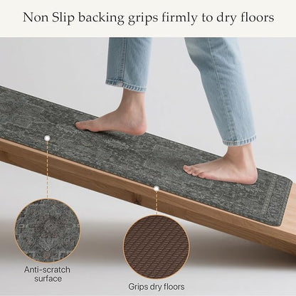 GENIMO Kitchen Mats for Floor 2PCs, Washable Anti Fatigue Mat for Cushioned, 17.3"x47"+17.3"x30", Waterproof Kitchen Rugs, Non Slip Comfort Standing Mat Rug for Home, Sink, Laundry, Dusky Green