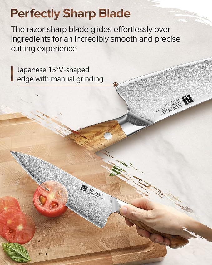 XINZUO Gyuto Chef Knife - 8.3 Inch Kitchen Knife 3 Layer 10Cr15Comov Steel Core High Carbon Steel Blade, Sharp Cutting Knife With Olive Wood + Stainless Steel Rivet Handle