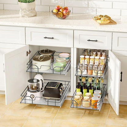 2-Tier Pull Out Cabinet Organizer (17" W x 22" D), Soft Close Cabinet Slide Out Shelves, Heavy Duty Slide Out Drawers with Shelf Liner for Kitchen Cabinets, Pantry Storage, Bathroom