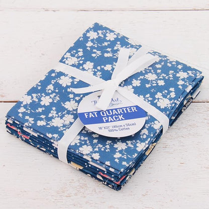 Threadart Exclusive 5 Fat Quarter Bundles - Dark Blue Vintage Prints 100% Cotton Fabric - Premium 100% Cotton Quilting Fabric - No Duplicates - Full Size Fat Quarters 18"x21" - Dark Blue