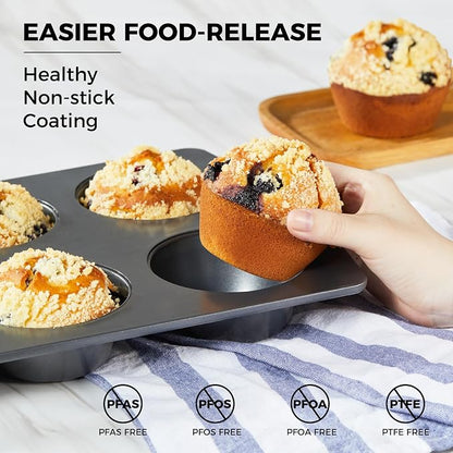 HONGBAKE Nonstick Jumbo Muffin Pan, 2 Pack Large Cupcake Tin with 120pcs Muffin Liners, Cup Cake Tray for Baking, 3.5dia, 6 Cup, Premium, Extra Thick