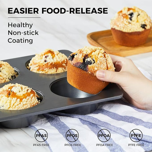 HONGBAKE Nonstick Jumbo Muffin Pan, 2 Pack Large Cupcake Tin with 120pcs Muffin Liners, Cup Cake Tray for Baking, 3.5dia, 6 Cup, Premium, Extra Thick