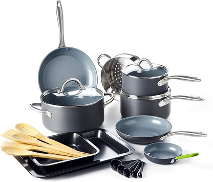 GreenPan Lima Hard Anodized Healthy Ceramic Nonstick 18 Piece Cookware Bakeware Pots and Pans Set, PFAS-Free, Oven Safe, Gray