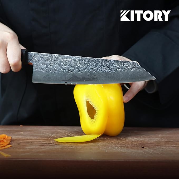Kitory 8'' Kiritsuke Chef Knife, Lightweight Japanese Kitchen Knife with Octagonal Ebony Wood Handle, Black Stonewashed High-Carbon Stainless Steel Blade, Anti-Rust and Durable Sharp Cooking Knife