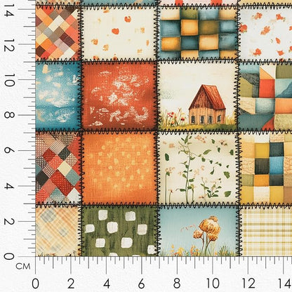 Patchwork Fabric Panel with Windmill Designs – 100% Cotton Satin, 6 Printed Panels 10”×10” + Patchwork Sheet 29.5”×19.7”, Single Continuous Cloth for Quilting & Sewing