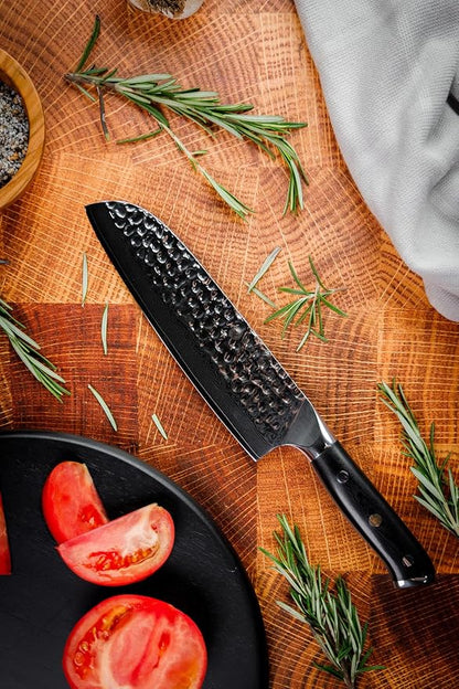 Santoku Knife 7 inch Blade - Origin Series - VG10 Japanese Damascus Steel - Razor Sharp - G10 Black Handle - Professional Full Tang Santoku Knife (Black), ORG-ST-BL-7