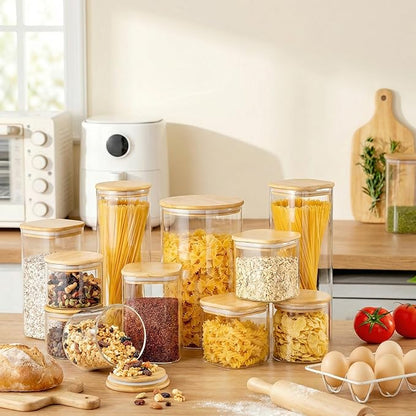 Multi Size - 5 Pack Square Glass Jars with Bamboo Lids, Glass Food Storage Containers with Airtight Lids for Kitchen, Air Tight Pantry Storage Containers for Cereal, Pasta, Rice, Sugar, Coffee, Spice