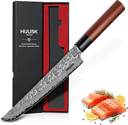 Huusk Japanese Gyuto Chef Knife - 8 Inch Hand Forged VG10 Damascus Chef Knives with Rosewood Handle, Sharp Sushi Knife Japanese Kitchen Knives for Meat, Fish, Vegetables, Home Cooking Gifts for Men