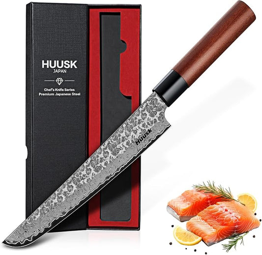 Huusk Japanese Gyuto Chef Knife - 8 Inch Hand Forged VG10 Damascus Chef Knives with Rosewood Handle, Sharp Sushi Knife Japanese Kitchen Knives for Meat, Fish, Vegetables, Home Cooking Gifts for Men