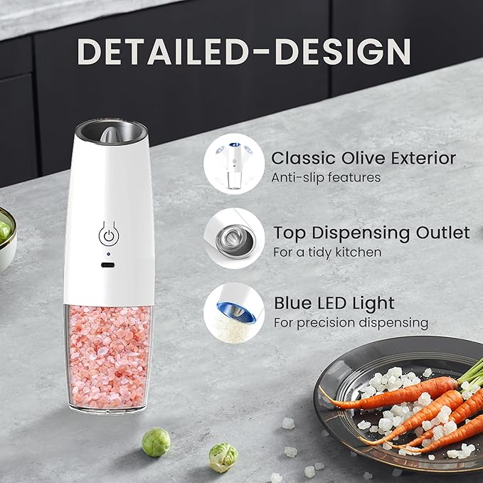 Rechargeable Salt And Pepper Grinder Set with LED Light, Automatic Electric Gravity Salt And Pepper Shakers Set, No Battery Needed, Adjustable Roughness, 2 Pack (White)