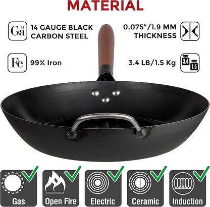YOSUKATA 11.8" Carbon Steel Frying Pan – Non-Toxic Pre-Seasoned Skillet with Removable Wooden Handle – Coating-Free Wok-Style Pan for Gas, Induction, Electric, Oven & Grill BBQ