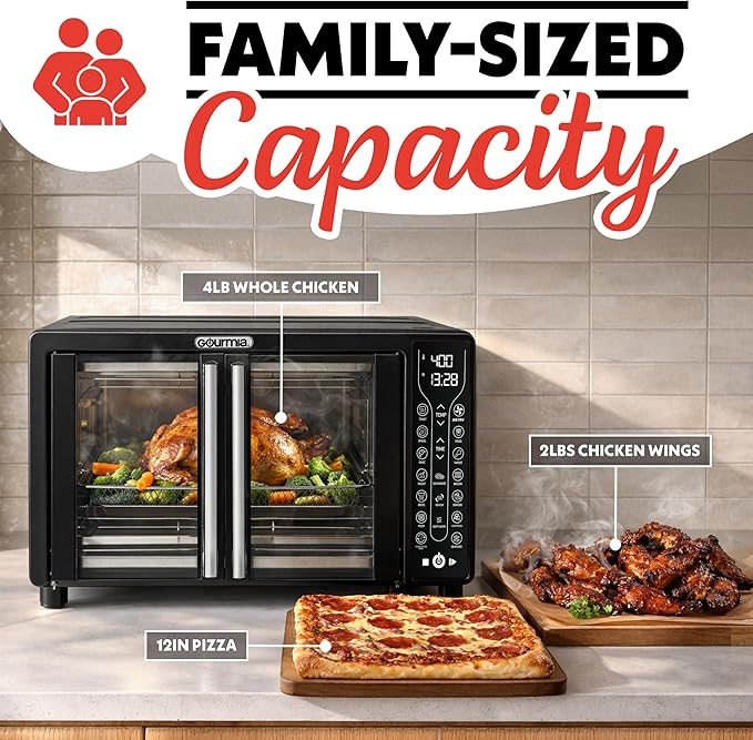 Gourmia French Door Air Fryer Toaster Oven – 6-Slice Capacity, FryForce 360°, Digital Display with 17 Cooking Presets, Black