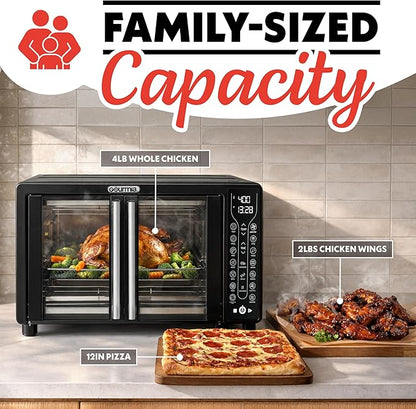 Gourmia French Door Air Fryer Toaster Oven – 6-Slice Capacity, FryForce 360°, Digital Display with 17 Cooking Presets, Black